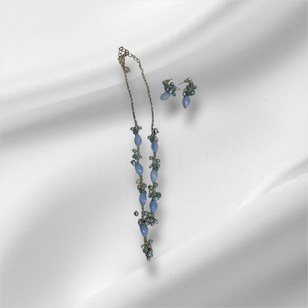 Beaded Earring and Necklace Set Women's Silver Tone/Light Blue - Picture 2 of 9